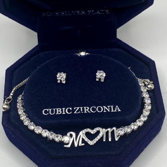 Jewelry - Silver Plated Cubic Zirconia Adjustable Mom Bracelet and Stud Earring Set